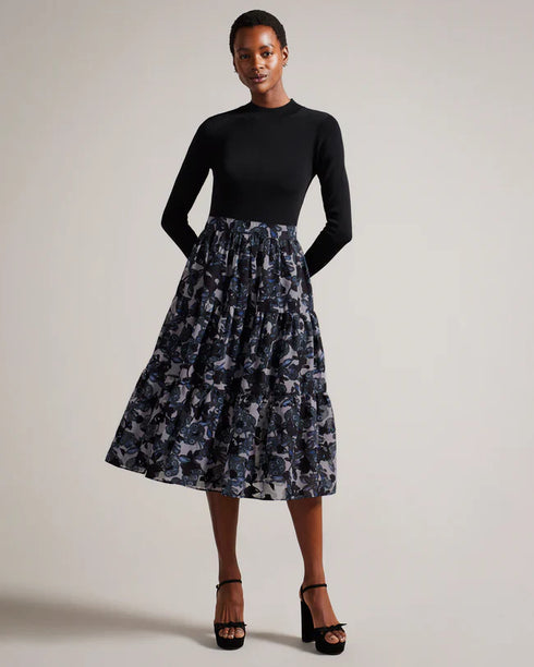 JACYKE-Dresses-Knit Bodice Midi Dress With Tiered Skirt- Ted Baker Romania